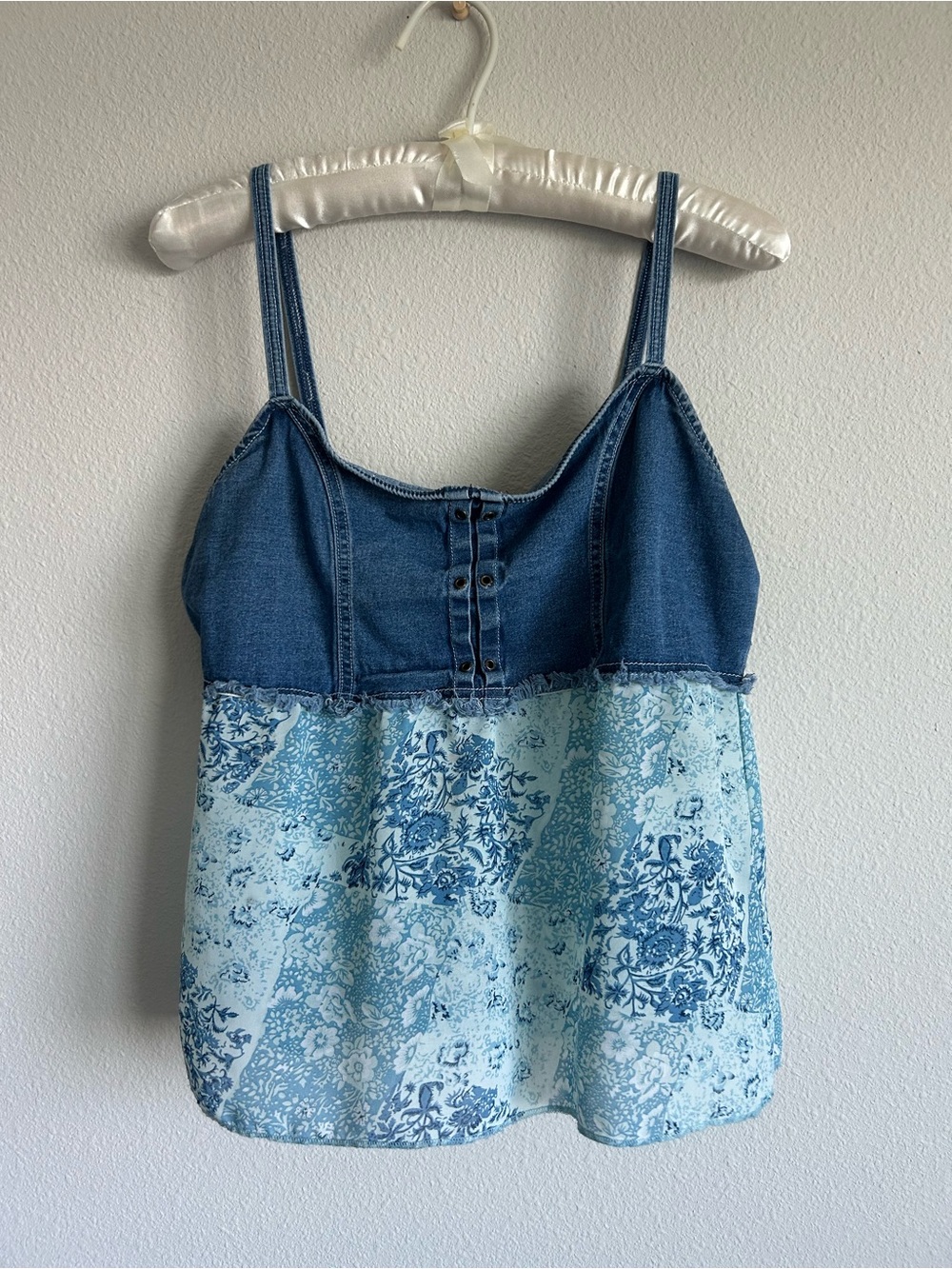 Y2K Zoey Beth Blue Denim & Patchwork Floral Spaghetti Strap Tank Top
